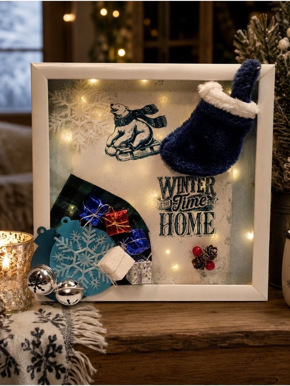 Christmas Lighted Shadow Box Frame 12x12 Winter Decor Stocking